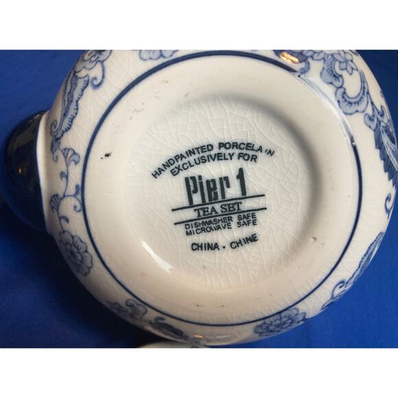 Pier 1 Blue White Floral Teapot with Black Handle Hand Painted Paisley w/ Lid - Picture 8 of 11